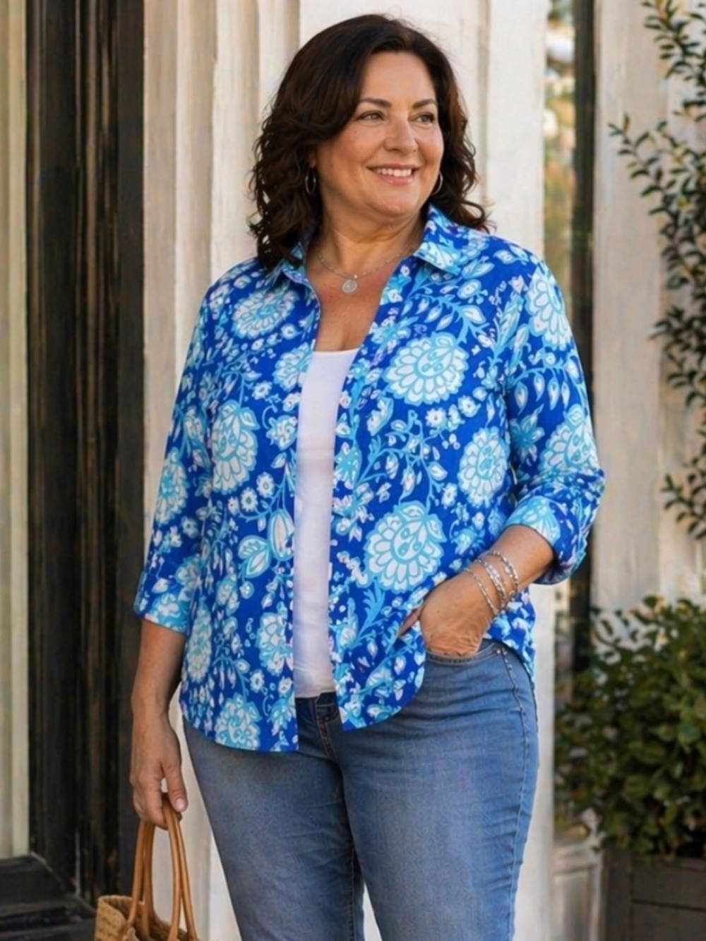 Talbots Plus 2X Blue Floral Button Front Cotton Blouse